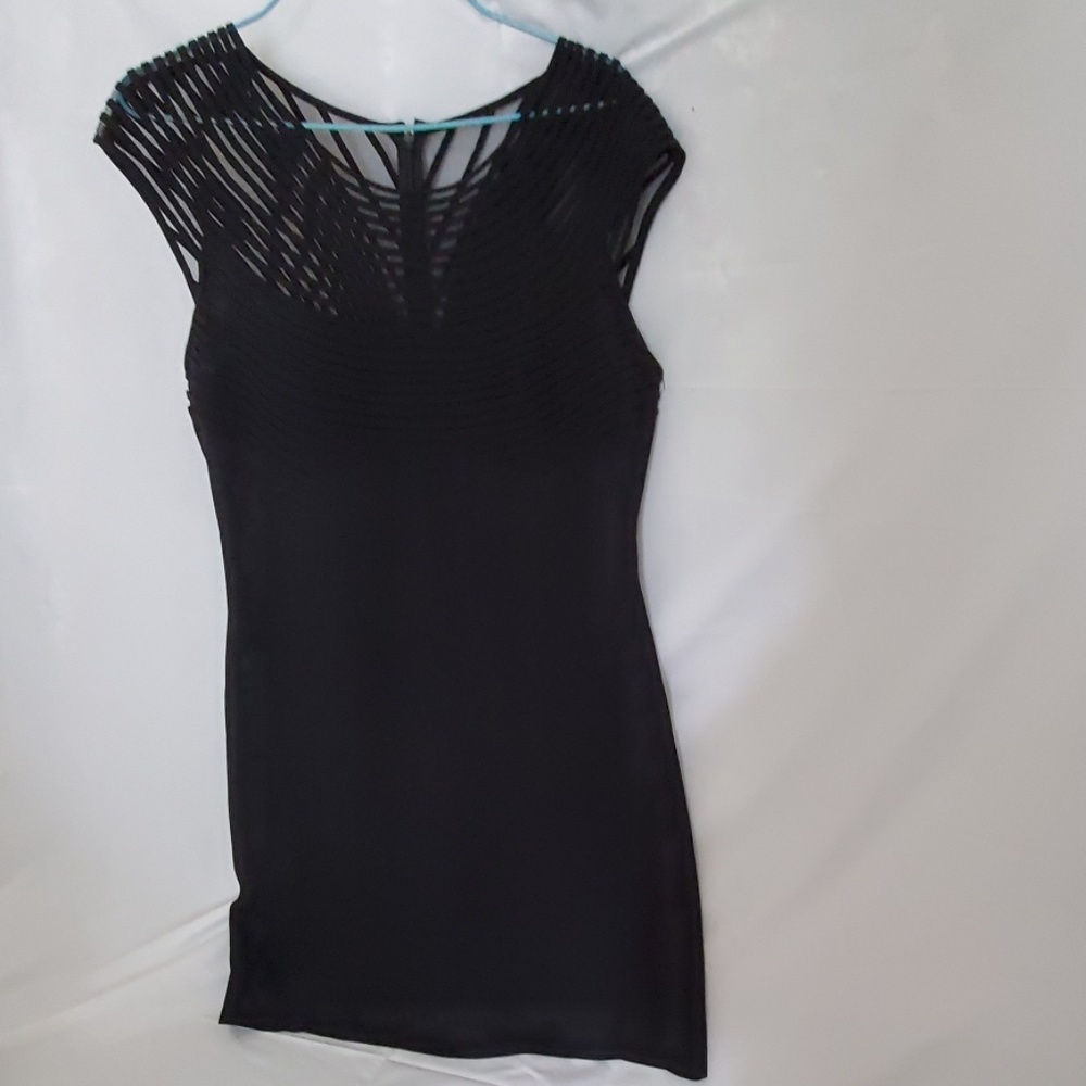 Donna Morgan Black Mesh Stripe Top Cocktail Dress